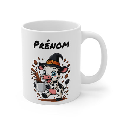 Tasse Personnalisable Vache Sorcière – Mug Halloween Prénom 325ml – Cadeau Fantaisie Original