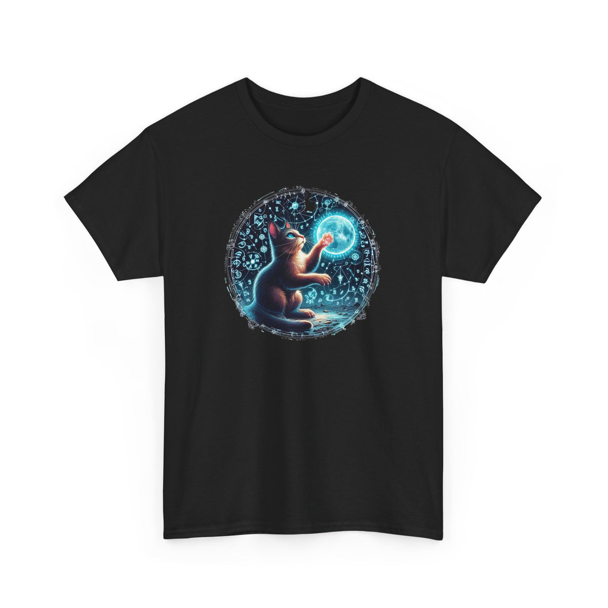 Tee Shirt Chat Mystique Homme Femme – T-Shirt Chat Lune Magique – Univers Astral Ésotérique – Design Fantastique Bleu