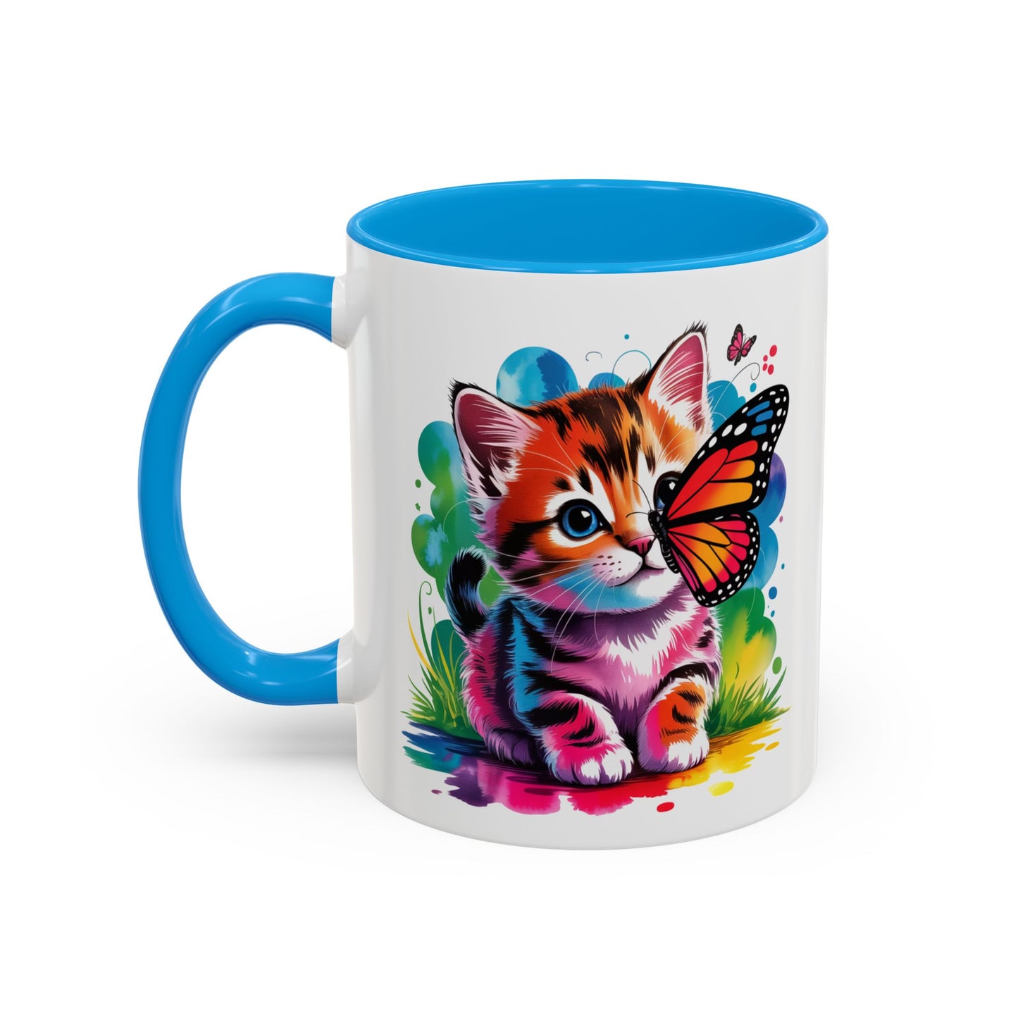 Mug Chaton Kawaii avec Papillon Arc-en-Ciel – Tasse Mignonne et Colorée Cadeau Amoureux des Chats – Céramique 325ml