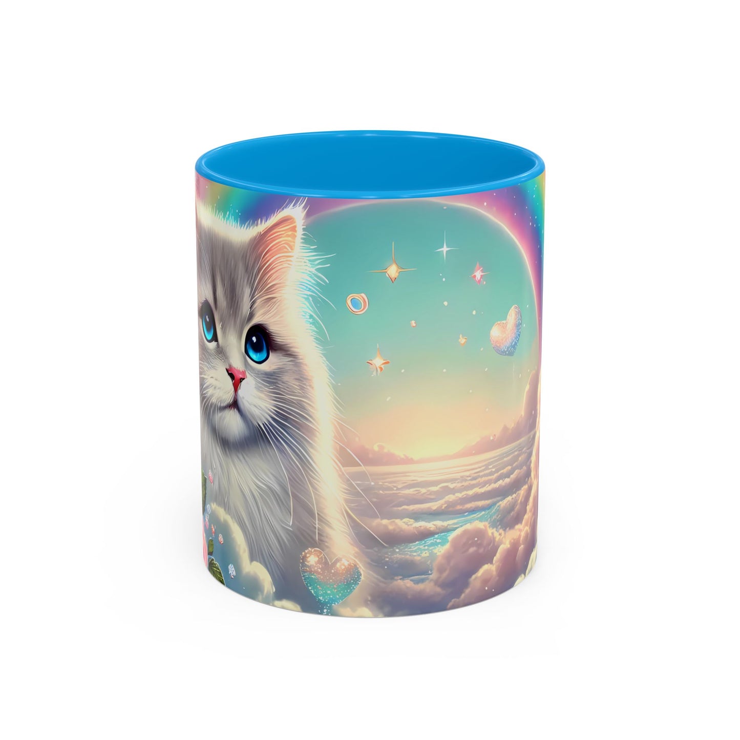 Mug Chat Blanc Kawaii – Tasse Féérique Pastel avec Arc-en-Ciel et Roses – Cadeau Amoureux des Chats 325ml