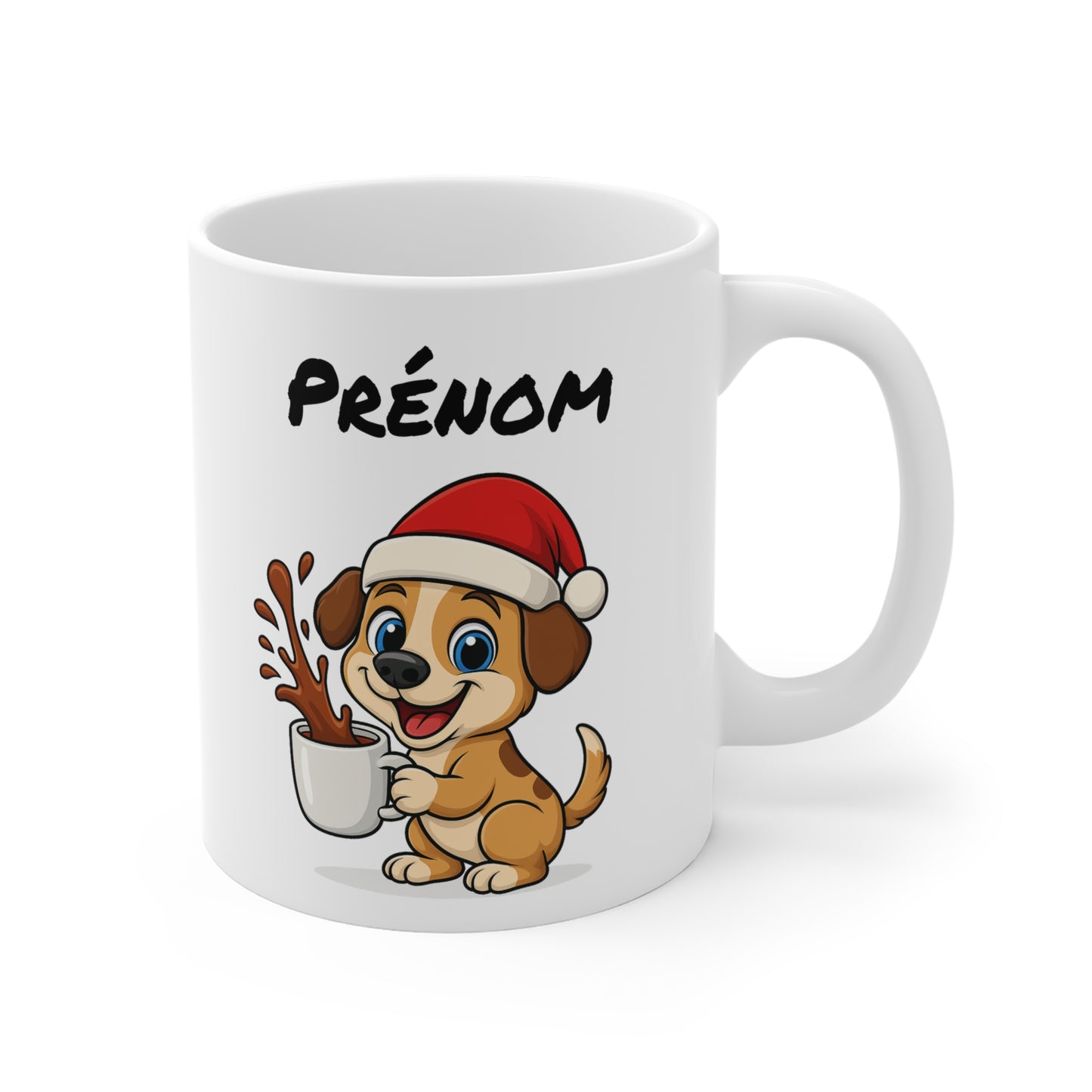 Tasse Personnalisable Chiot Noël – Mug Prénom Céramique 325ml – Cadeau Fêtes Mignon Original