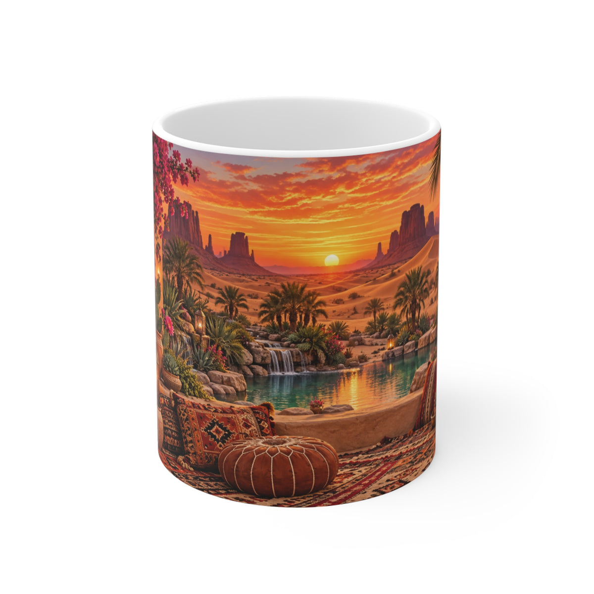 Mug Paysage Désertique Oriental au Coucher de Soleil – Tasse Oasis, Cactus, Lanternes et Décor Bohème – Cadeau Original Voyage et Déco