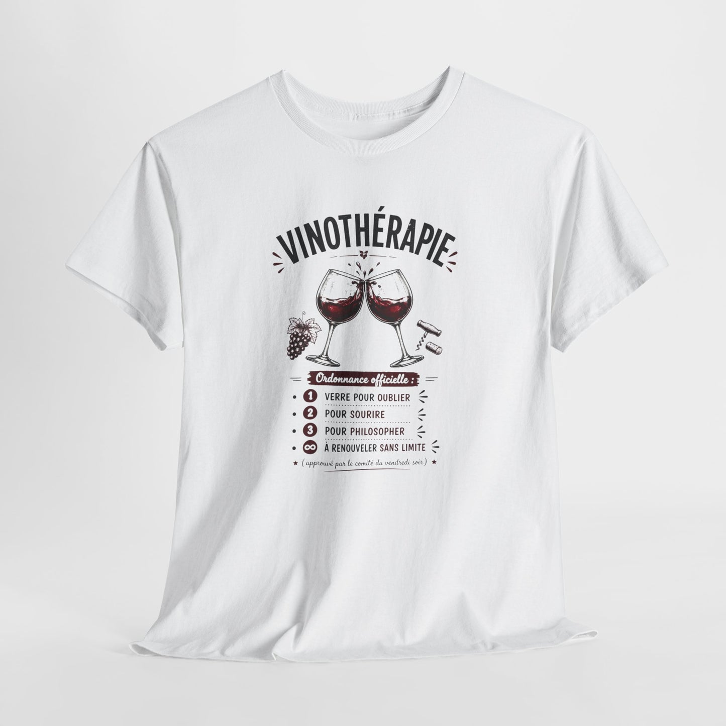 T-Shirt Vinothérapie Homme Femme – Tee Shirt Humour Vin Apéro – Cadeau Drôle Amateur Vin Soirée Noir Blanc Gris