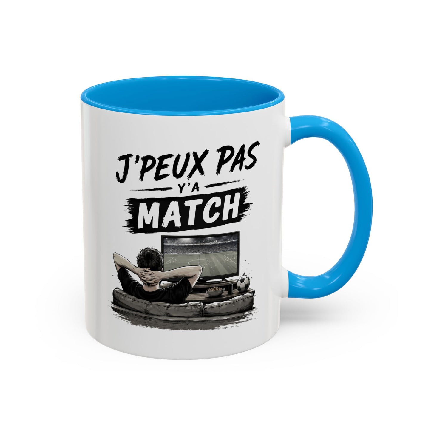 Mug J'Peux Pas Y'a Match – Tasse Humour Football Homme et Femme, Cadeau Original pour Fan de Foot, Supporter, Anniversaire Noël Noir Bleu Rouge