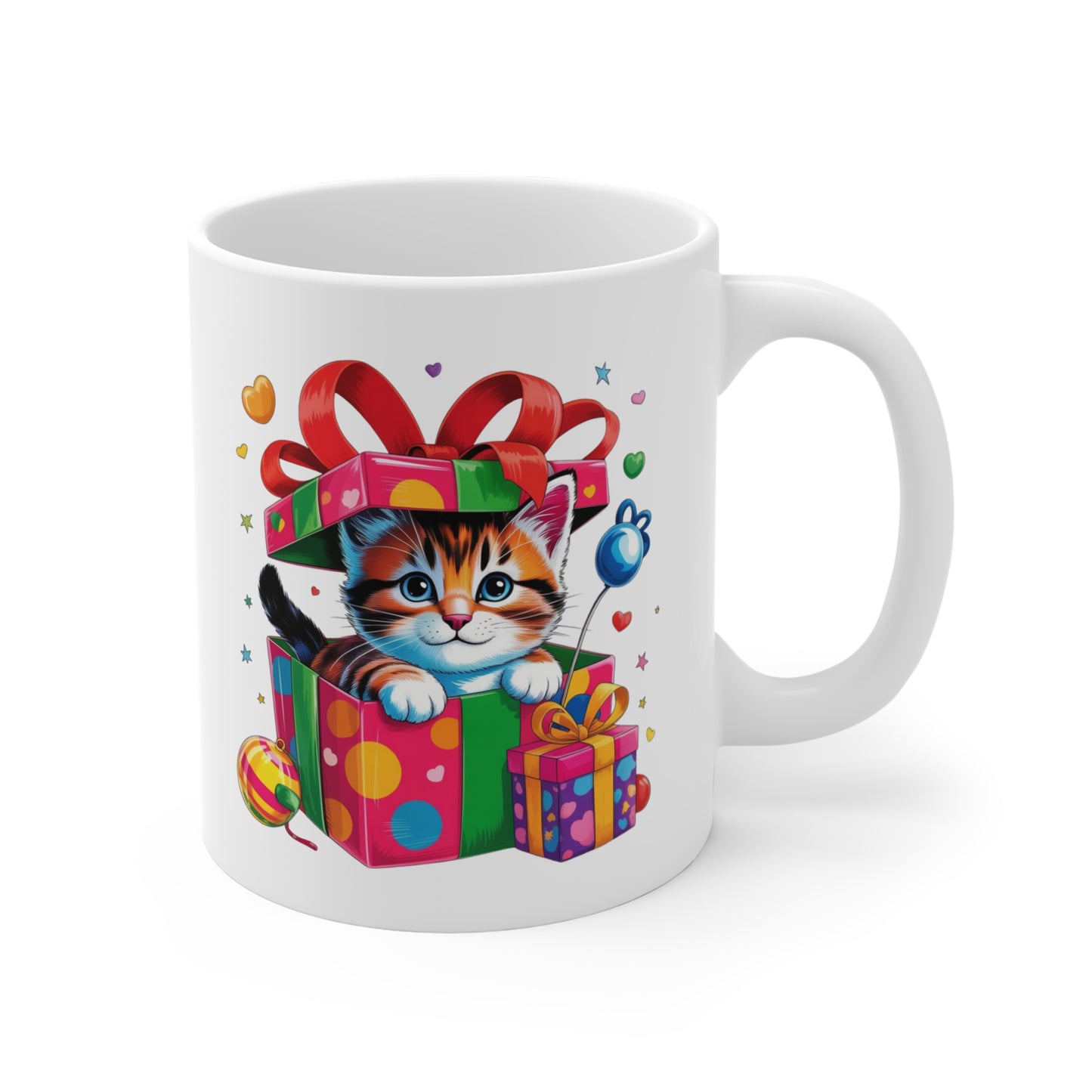 Mug Chaton Kawaii Cadeau – Tasse Chat Mignon dans Boîte Surprise Colorée – Design Cute Kitten avec Cadeaux et Rubans – Cadeau Original pour Amoureux des Chats – Mug Céramique 325ml