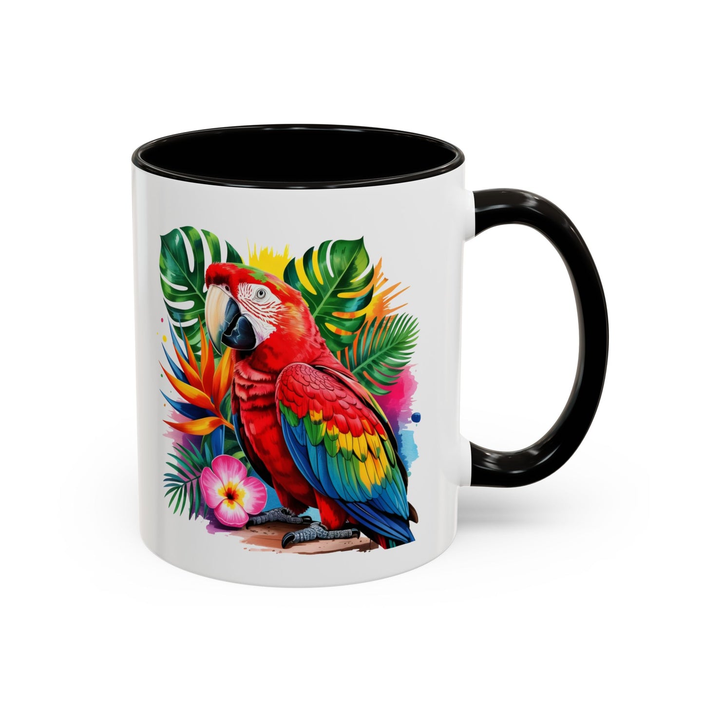 Mug Perroquet Ara Rouge – Tasse Tropicale avec Feuilles Exotiques et Fleurs – Cadeau Nature 325ml