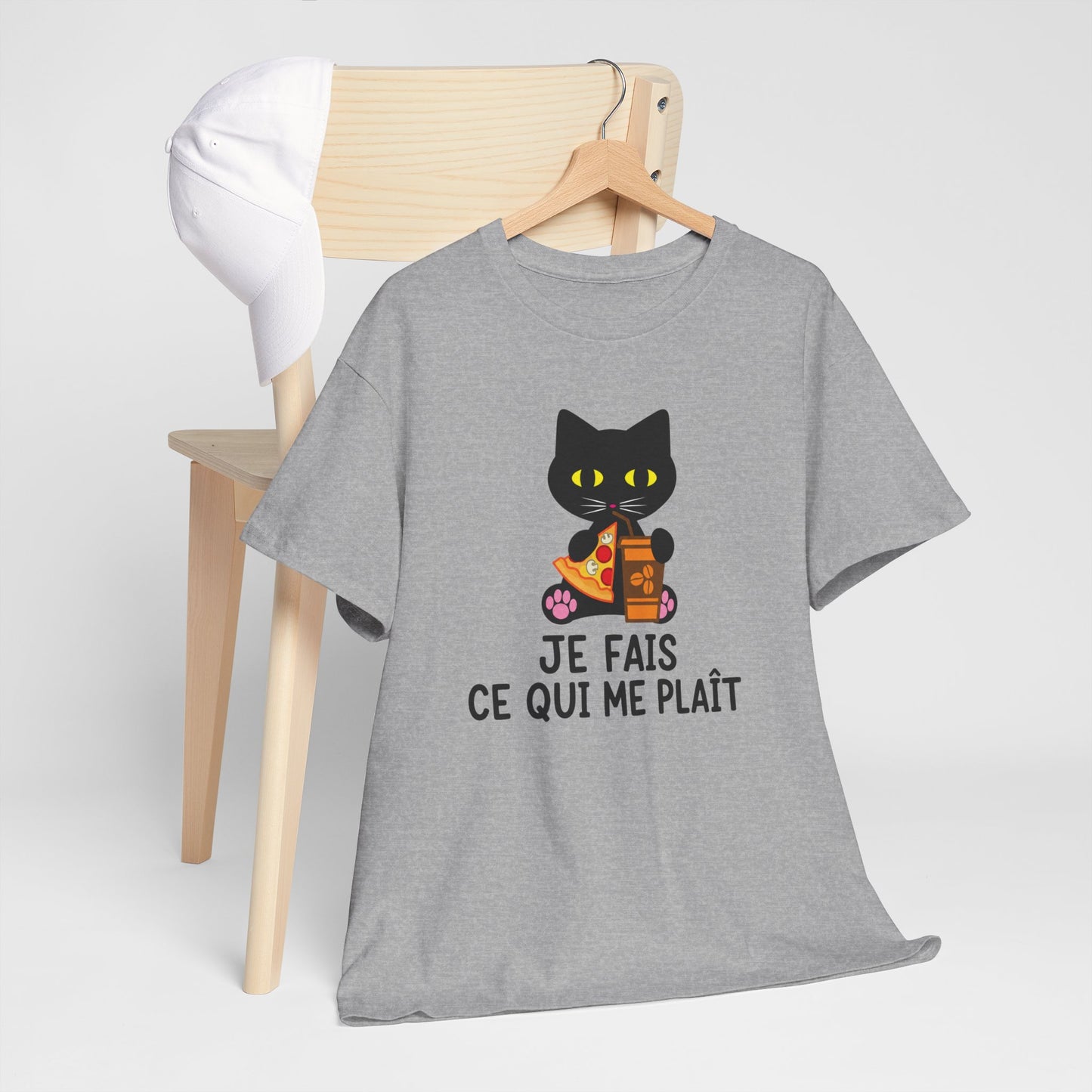 Tee Shirt Chat Homme Femme – Chat Pizza et Café Humour – Idée Cadeau Drôle Amoureux des Chats Gourmand