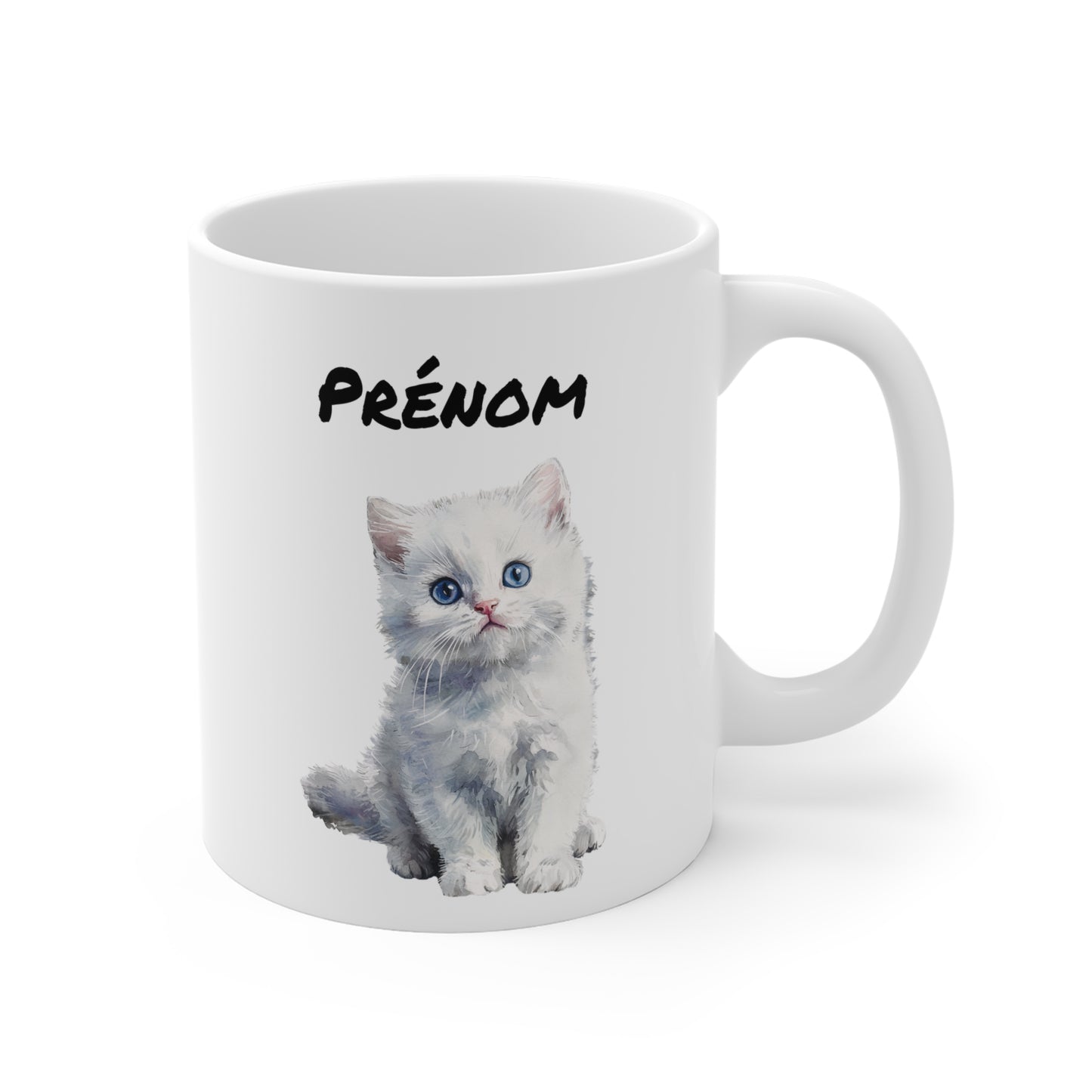Tasse Personnalisable Chat Blanc Aquarelle – Mug Céramique 325 ml – Cadeau avec Prénom pour Amoureux des Chats