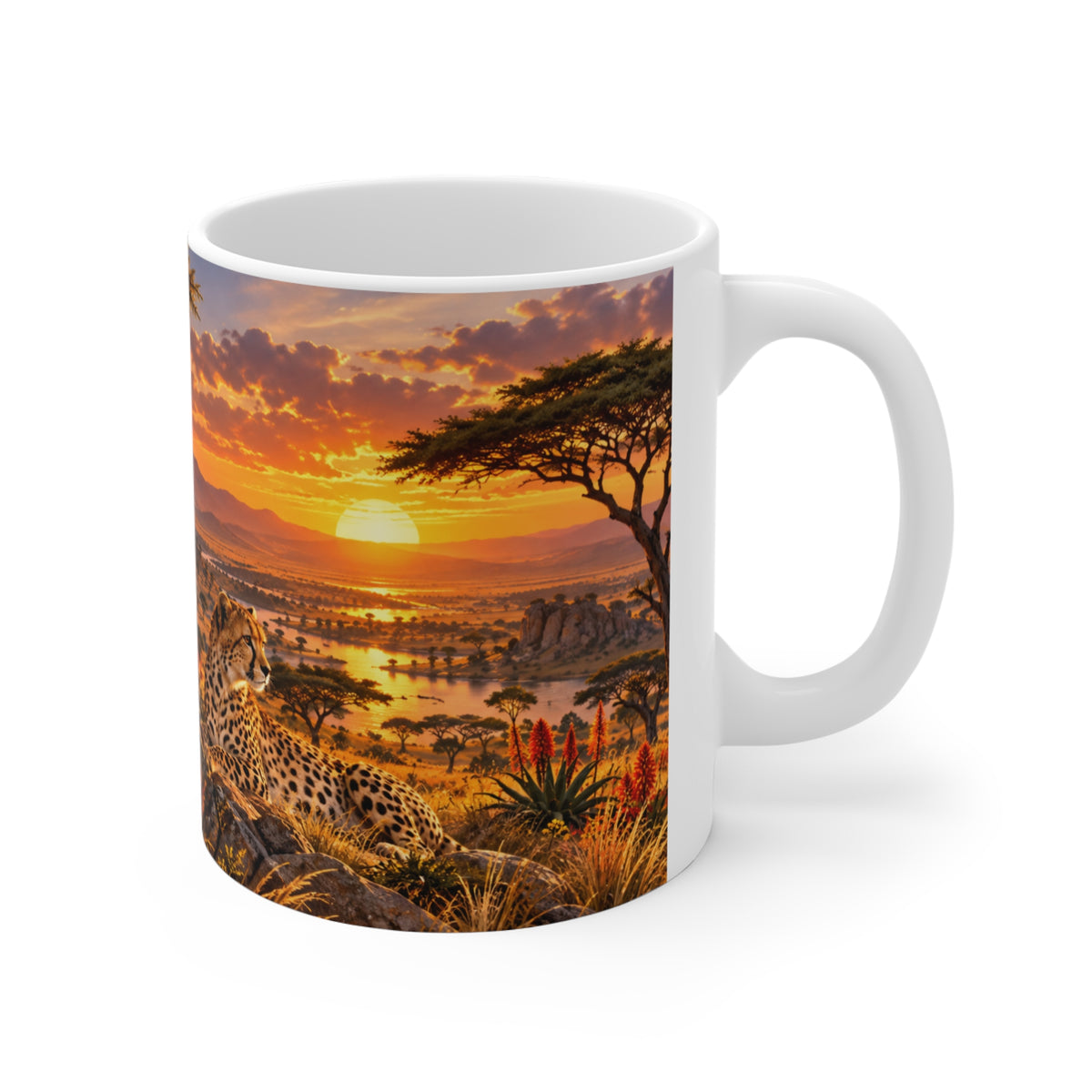 Mug Famille de Guépards dans la Savane – Tasse Animaux Sauvages Afrique avec Coucher de Soleil – Cadeau Original Amoureux des Félins