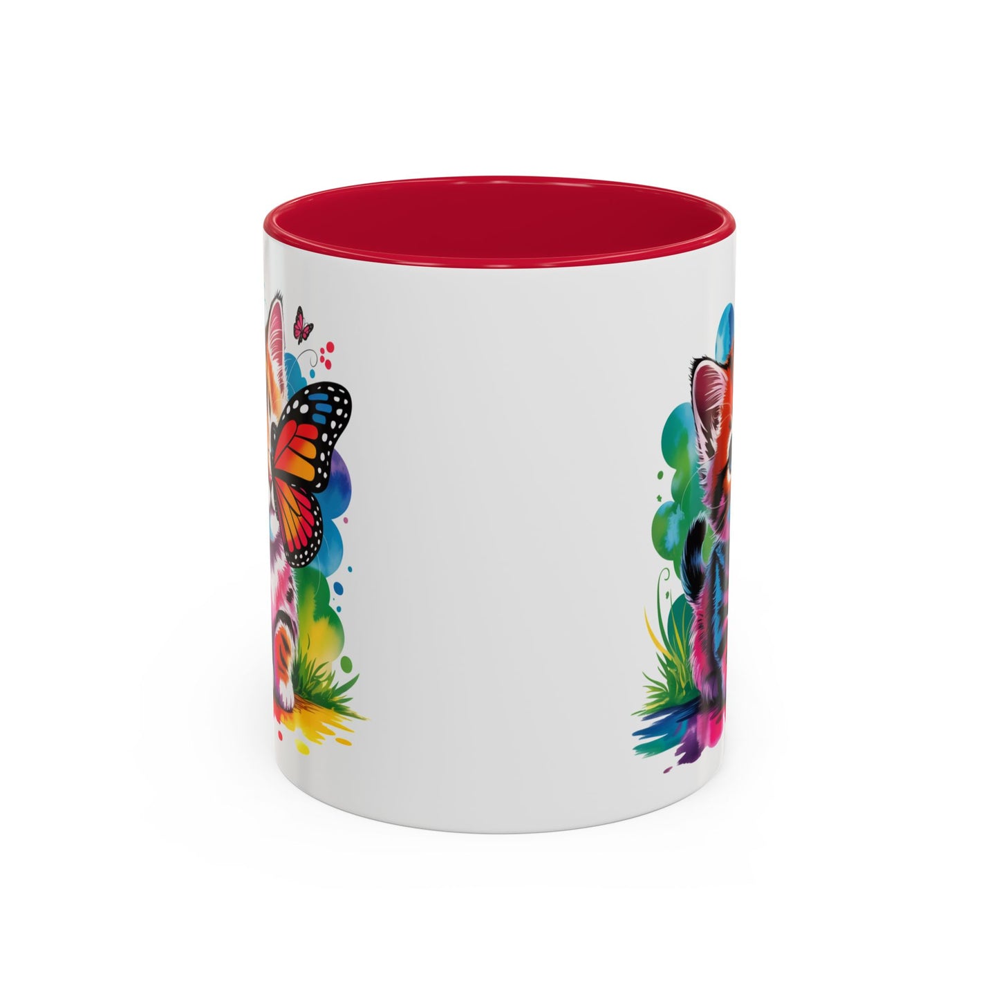Mug Chaton Kawaii avec Papillon Arc-en-Ciel – Tasse Mignonne et Colorée Cadeau Amoureux des Chats – Céramique 325ml