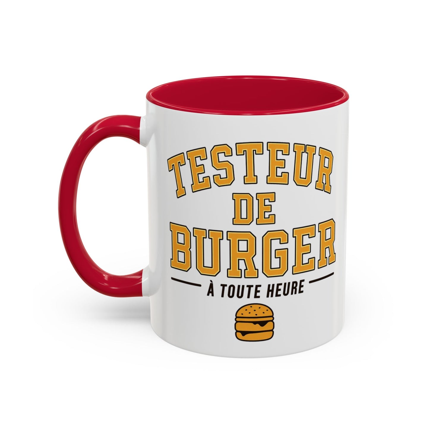 Mug Testeur de Burger – Tasse Humoristique Fast Food et Hamburger – Cadeau Gourmand Original – Céramique 325ml Noir Bleu Rouge