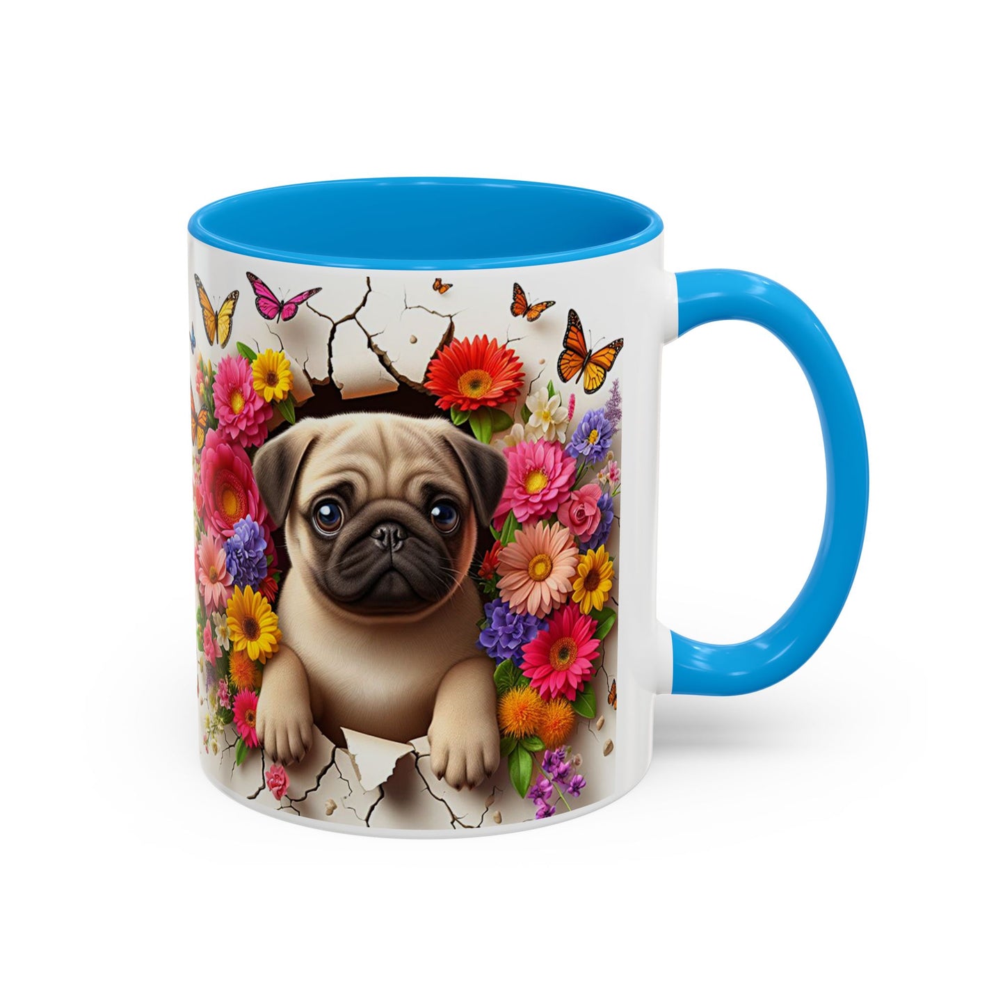 Mug Carlin Kawaii – Tasse Chiot Carlin avec Fleurs Colorées et Papillons – Cadeau Amoureux des Chiens 325ml