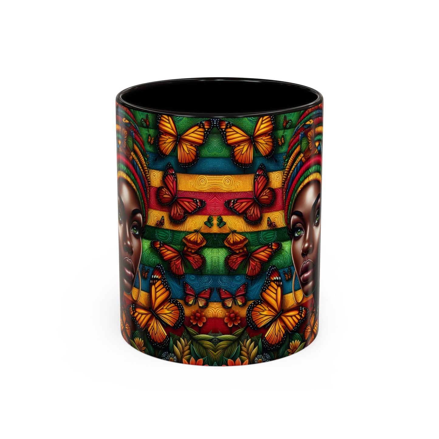 Mug Femme Afro Art Coloré – Tasse Portrait Afro avec Papillons et Motifs Tropicaux – Design Bohème 325ml