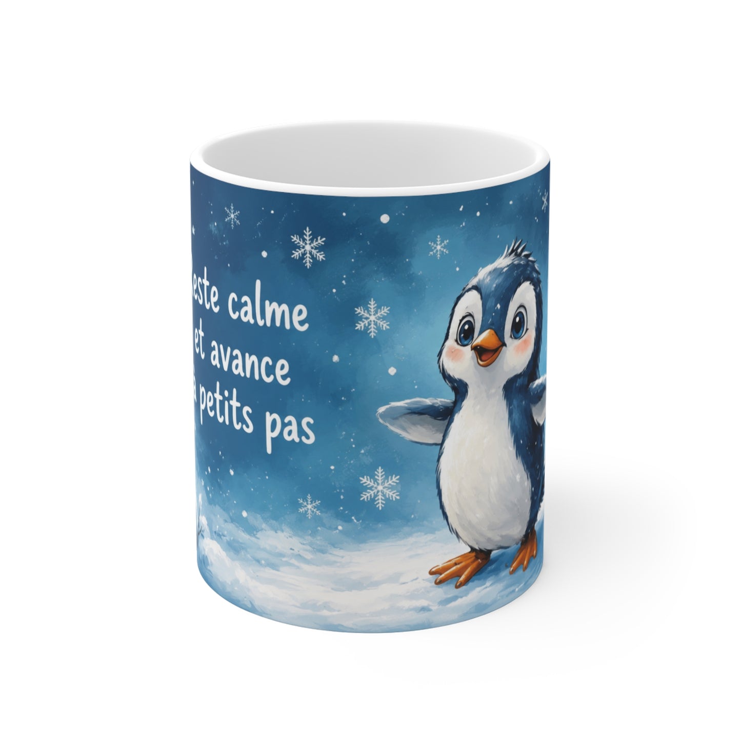 Tasse Reste Calme et Avance à Petits Pas – Mug Pingouin Motivation Hiver – Cadeau Positif Homme Femme 325ml