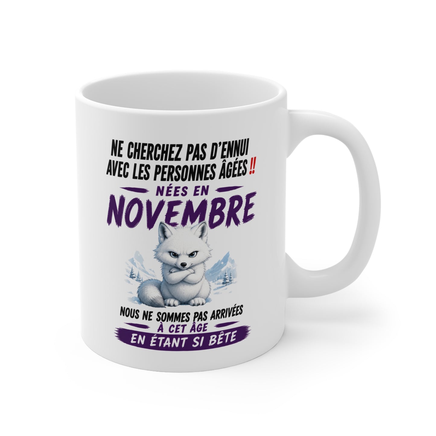Tasse Retraite Novembre Humour – Mug Personne Âgée Renard Polaire Drôle – Cadeau Retraité 325ml