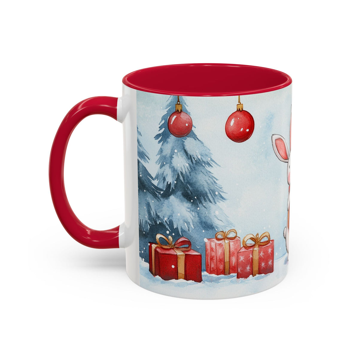 Mug Lapin de Noël avec Cadeaux – Tasse Hiver Sapins Enneigés Style Aquarelle – Cadeau de Noël Homme Femme noir bleu rouge