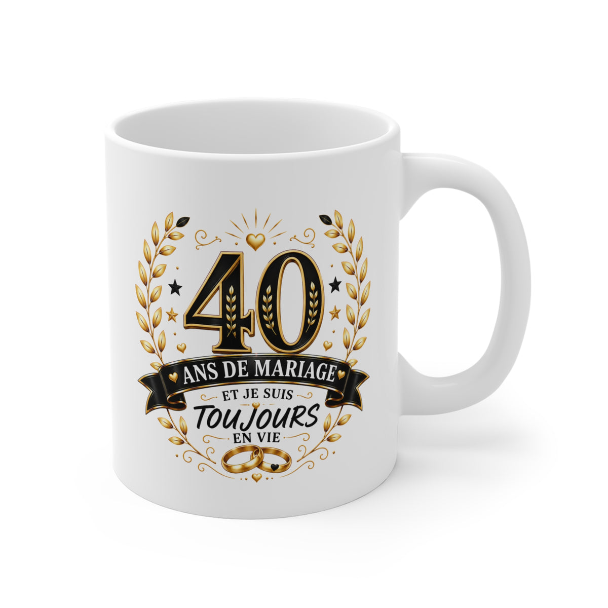 Mug 40 Ans de Mariage et Je Suis Toujours en Vie – Tasse Humoristique Anniversaire de Mariage – Idée Cadeau Couple Noces d’Émeraude