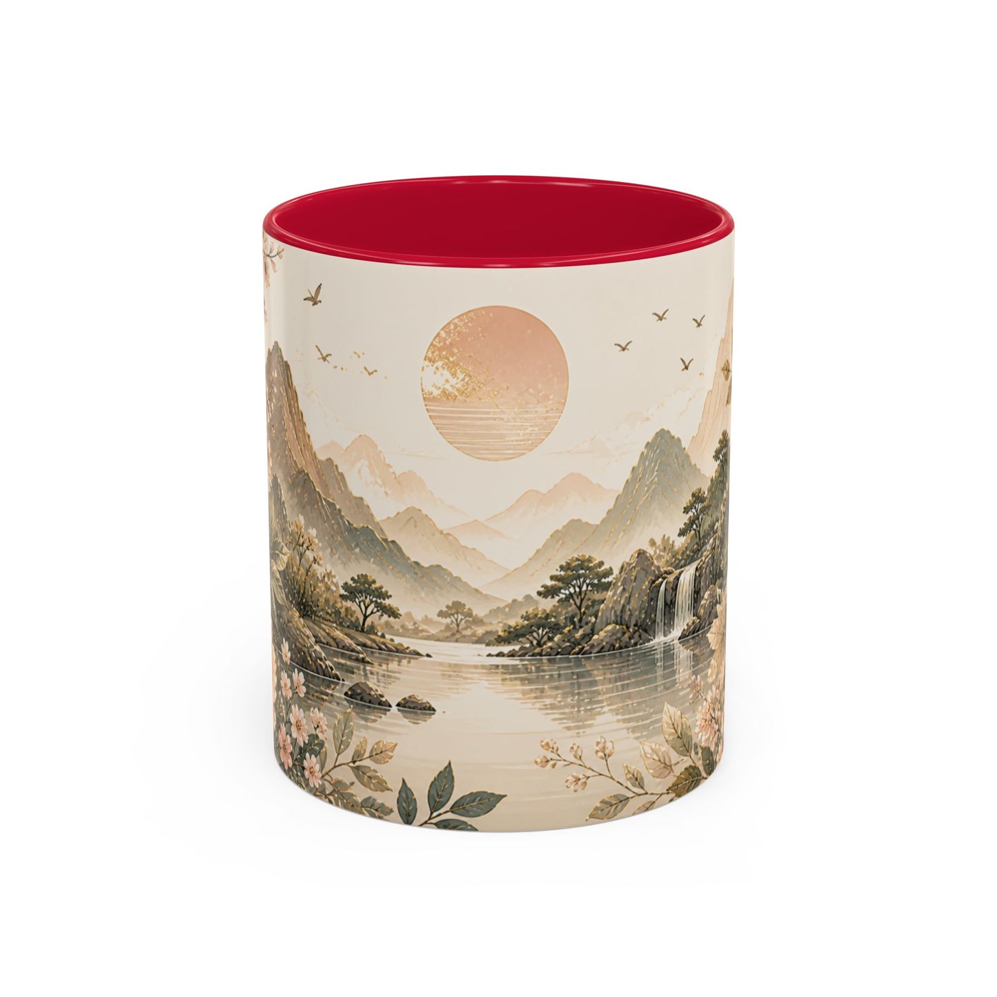 Tasse Paysage Japonais Zen – Mug Floral Beige avec Montagnes, Rivière et Ambiance Asiatique Apaisante 325ml