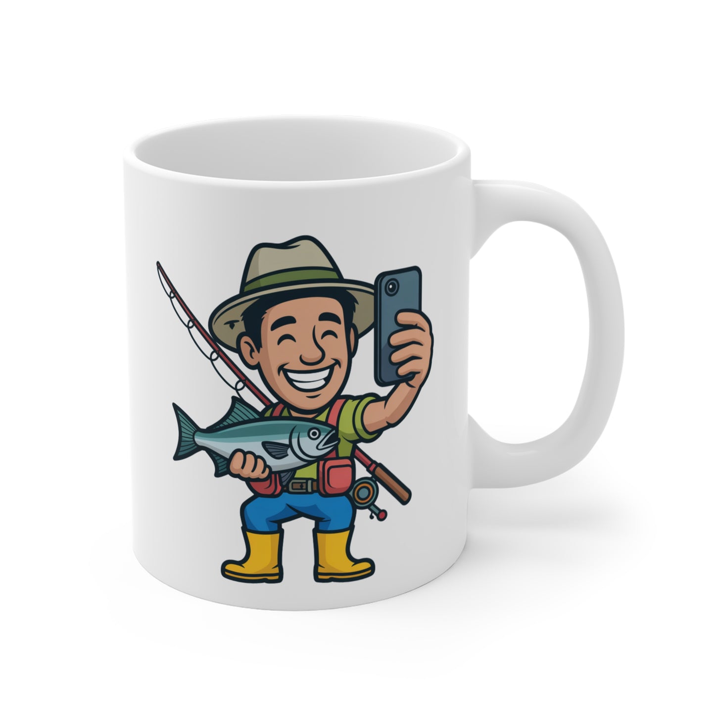 Mug Pêcheur Selfie – Tasse Humour Poisson et Canne à Pêche – Cadeau Original pour Amateur de Pêche et Nature