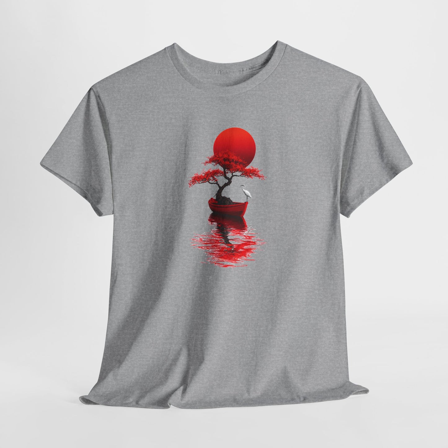 Tee Shirt Homme et Femme Japonais Bonsaï Héron Soleil Rouge Paysage Zen Nature Asiatique Art Traditionnel