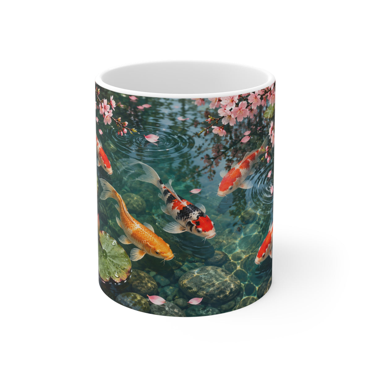Mug Carpes Koï dans un Jardin Japonais – Tasse Bassin Zen avec Fleurs de Cerisier et Lotus – Cadeau Original Amoureux du Japon