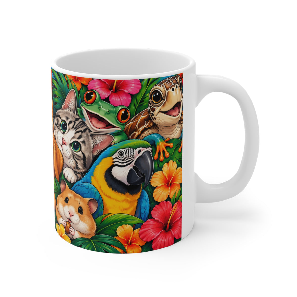 Mug Animaux Mignons dans un Décor Tropical – Tasse Chien, Chats, Lapin, Perroquet, Tortue et Grenouille – Cadeau Original Amoureux des Animaux
