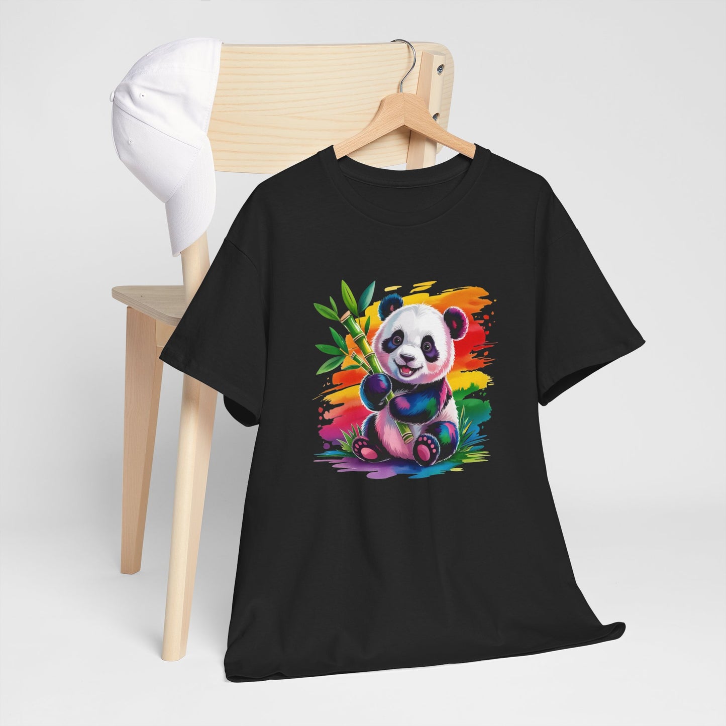 T-Shirt Panda Mignon avec Bambou – Tee Shirt Animal Coloré Aquarelle – Cadeau Kawaii Nature Noir Blanc Gris