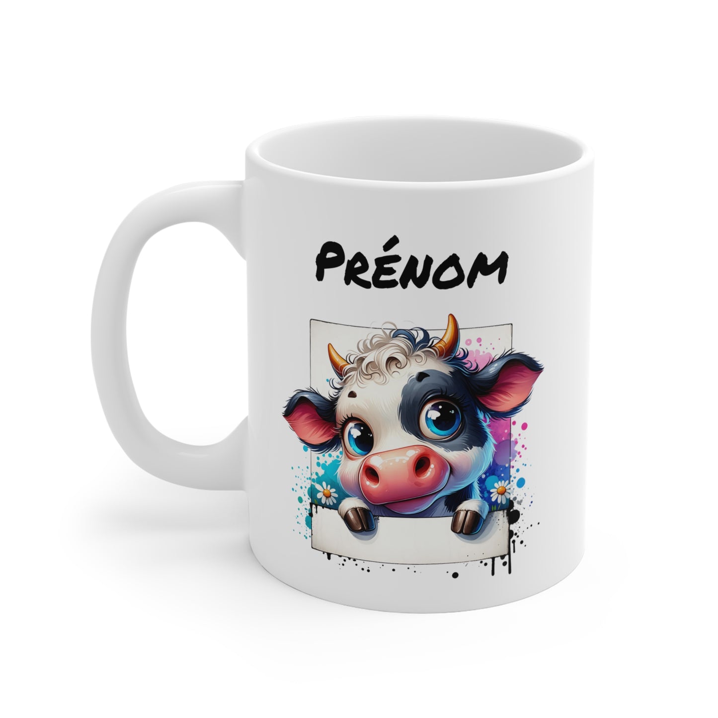 Tasse Personnalisable Vache Tachetée – Mug Prénom Illustration Fleurie – Cadeau Animal Ferme Mignon 325ml