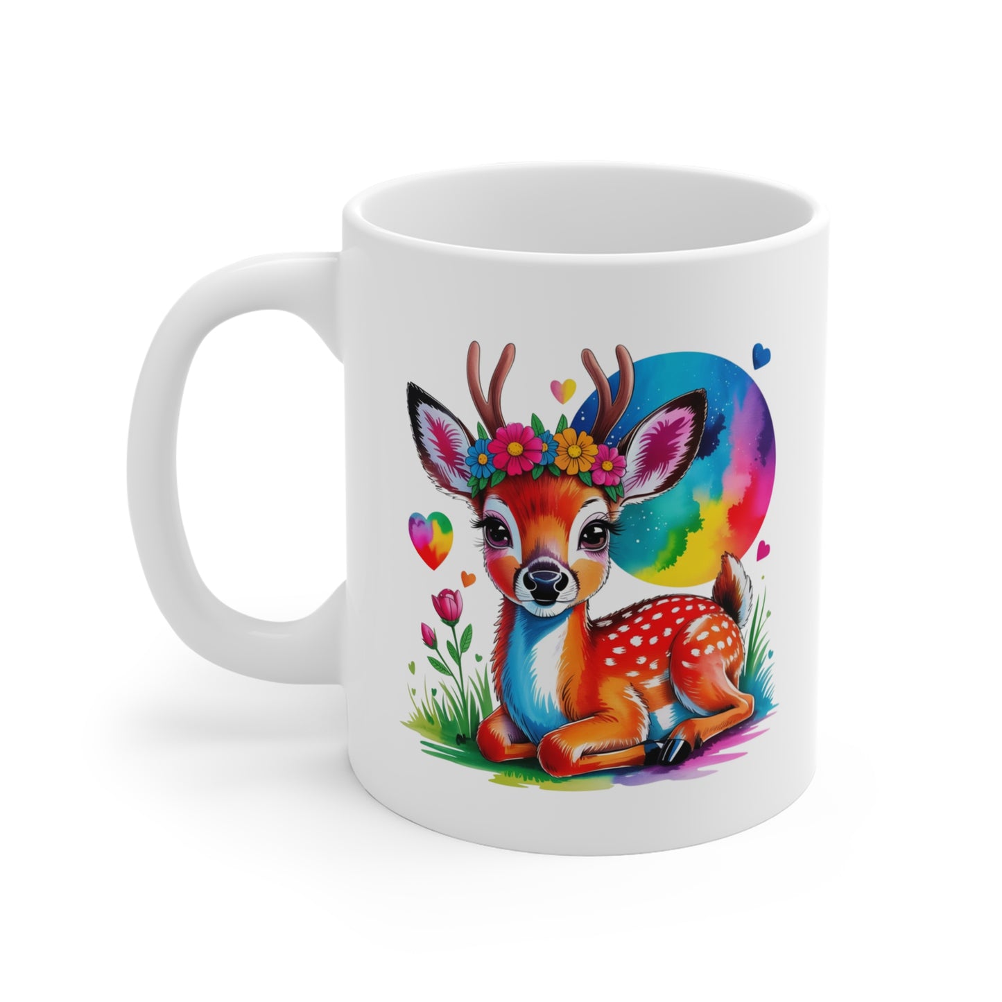 Tasse Faon Coloré – Mug Cerf Mignon avec Fleurs et Arc-en-ciel – Design Artistique et Kawaii – Cadeau Nature 325ml