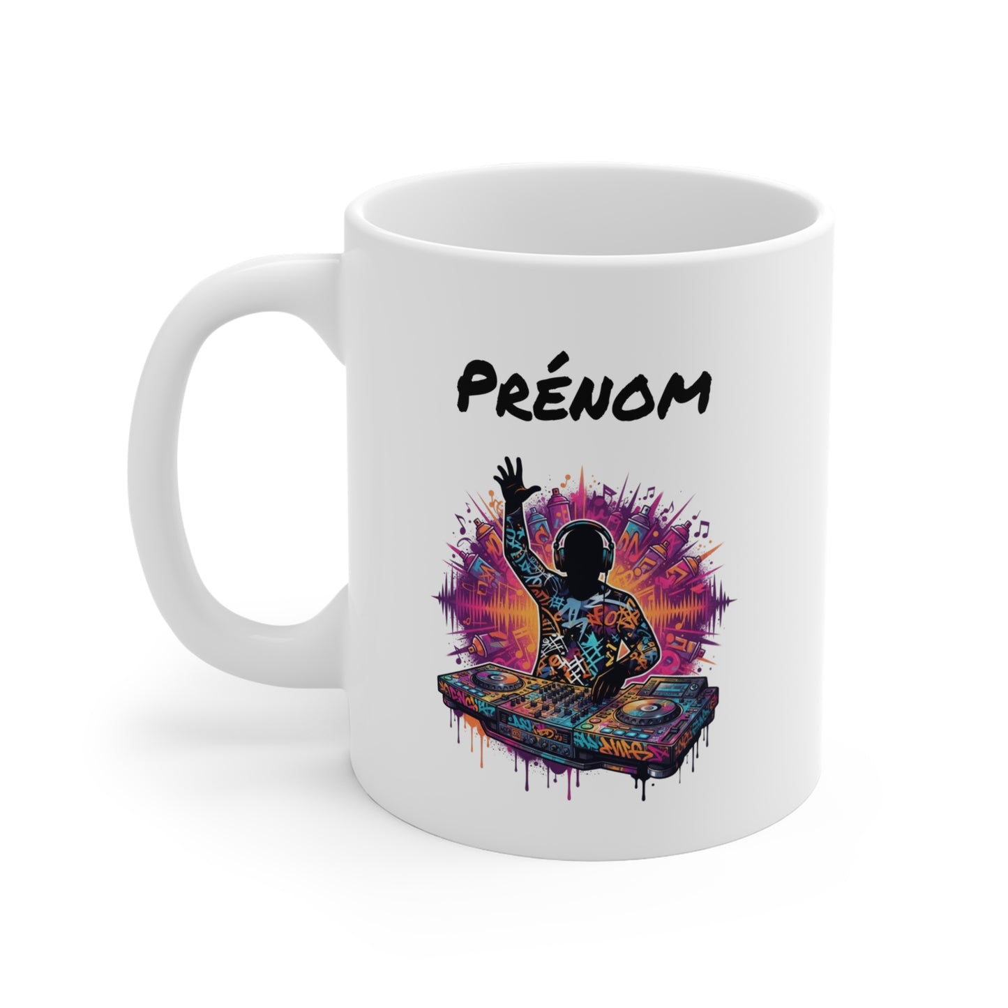 Tasse DJ Personnalisée avec Prénom – Mug Musique Électro Platines Graffiti – Cadeau DJ Homme Femme 325 ml