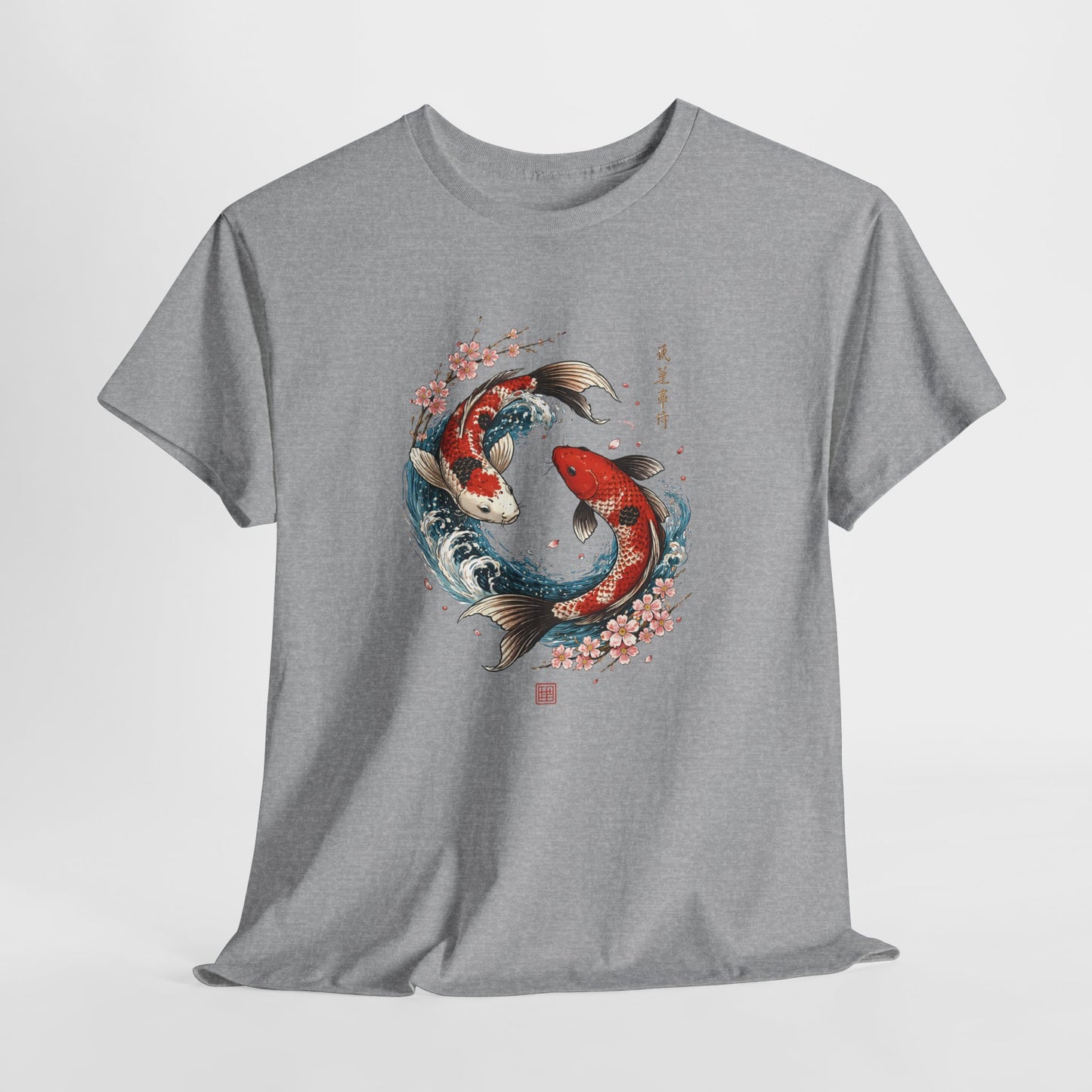 T-Shirt Carpe Koi Japonaise Yin Yang – Design Sakura et Vagues – Tee-Shirt Art Japonais Traditionnel