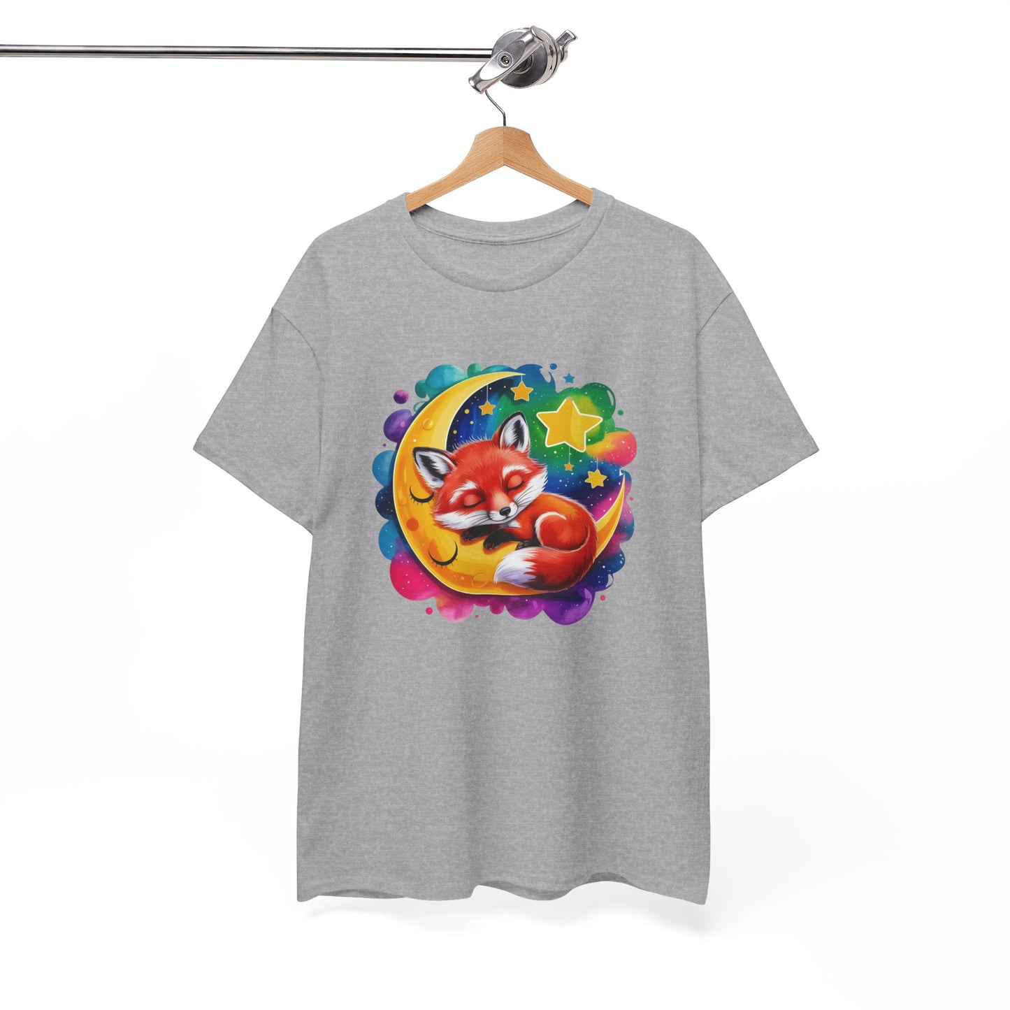 T-Shirt Renard Mignon Dormant sur Lune – Tee Shirt Nuit Étoilée Fantaisie – Cadeau Animal Cute Rêve Noir Blanc Gris