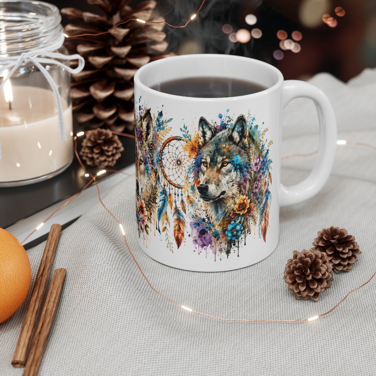 Tasse Loups Bohème – Mug Attrape-Rêves Floral et Loup Aquarelle – Cadeau Nature Spirituelle Homme Femme 325ml
