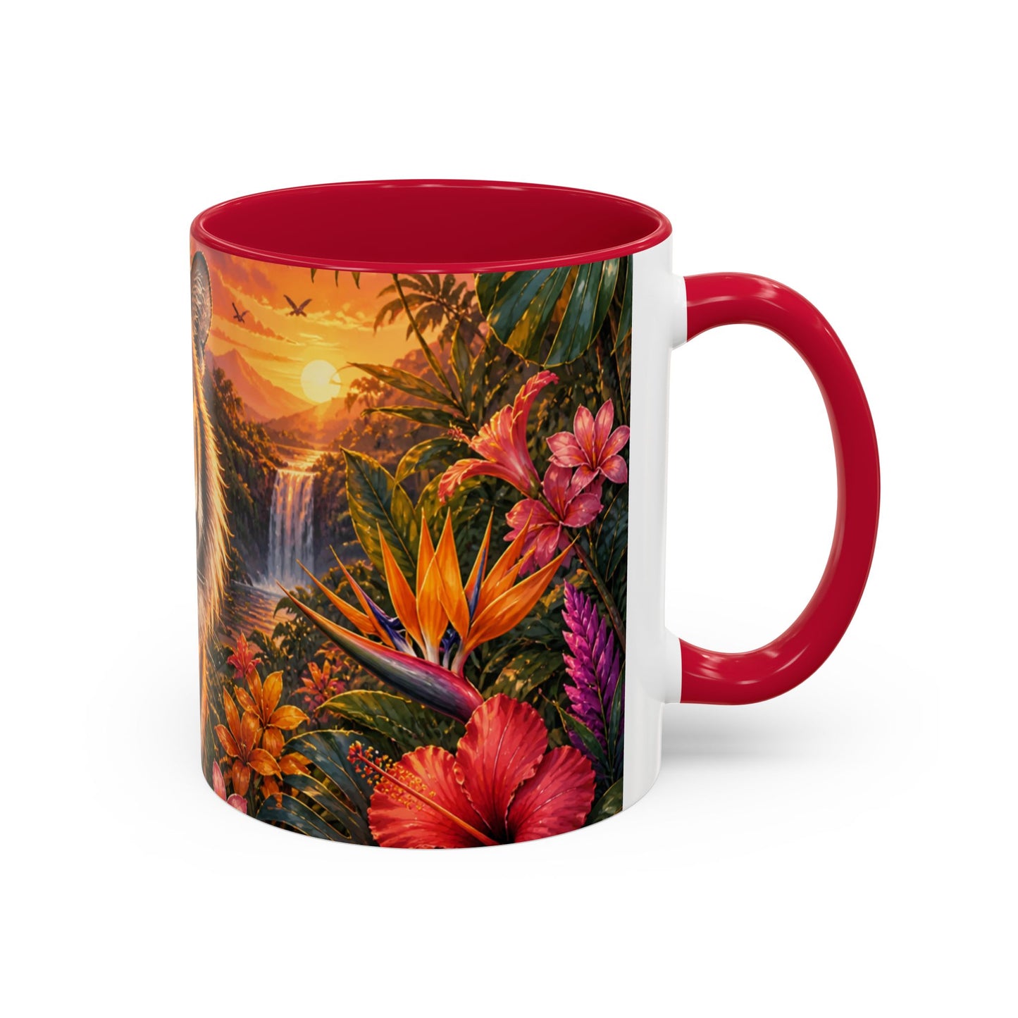 Tasse Tigre Tropical – Mug Jungle avec Tigre Majestueux, Fleurs Exotiques et Cascade au Soleil Couchant – Design Safari 325ml