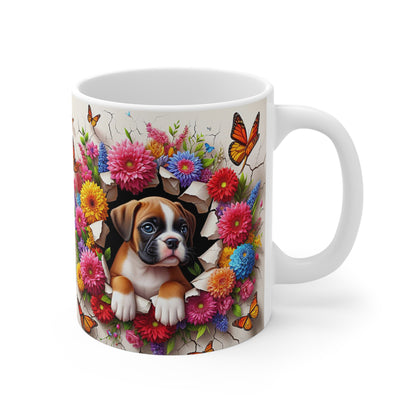 Tasse Céramique Chiot Boxer et Fleurs – Mug Chien Mignon Papillons – Cadeau Animaux Bohème 325ml