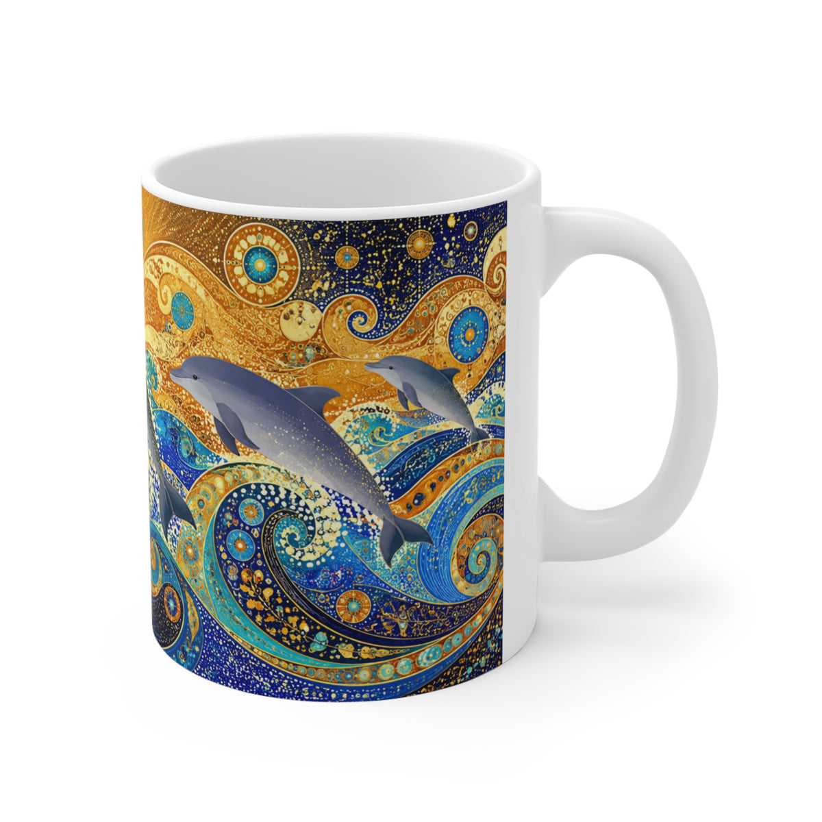 Mug Dauphins dans les Vagues Bleu et Or – Tasse Océan Style Artistique avec Soleil Doré – Cadeau Original Amoureux de la Mer