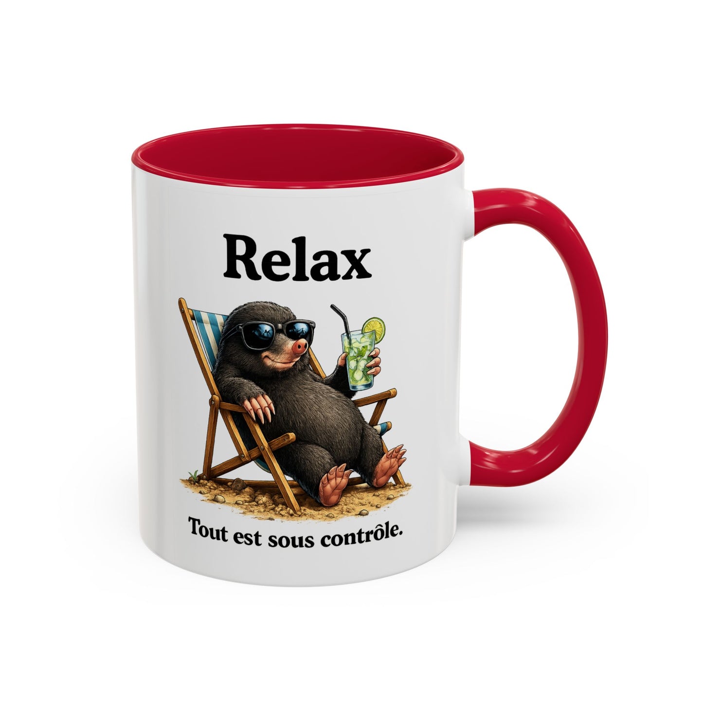 Mug Humoristique Taupe Relax – Tasse Café Détente Vacances – Cadeau Original Homme et Femme, Ami Collègue Noir Bleu Rouge