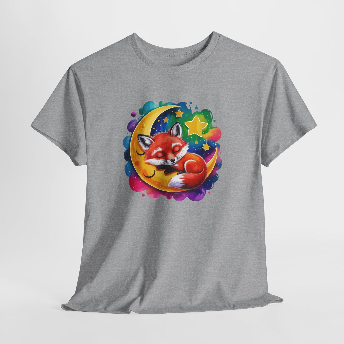 T-Shirt Renard Mignon Dormant sur Lune – Tee Shirt Nuit Étoilée Fantaisie – Cadeau Animal Cute Rêve Noir Blanc Gris