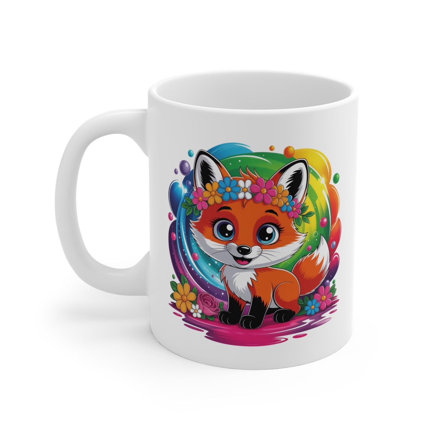 Mug Renard Kawaii avec Couronne de Fleurs – Tasse Renarde Cute Arc-en-Ciel – Design Animal Mignon et Féérique – Cadeau Original pour Enfants, Filles et Amoureux des Renards – Céramique 325ml...
