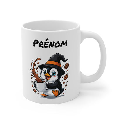 Tasse Personnalisable Pingouin Sorcière – Mug Halloween Prénom 325ml – Cadeau Fantaisie Original