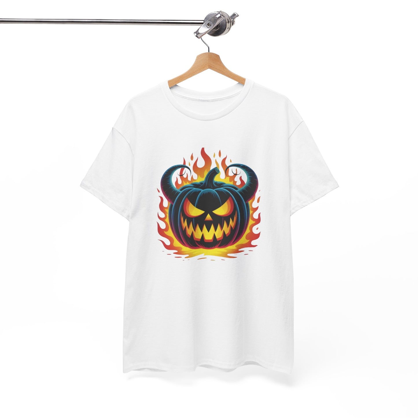 T-Shirt Halloween Citrouille Démoniaque Feu Adulte – Tee Shirt Jack O Lantern Effrayant – Design Horreur Fantaisie Noir Blanc Gris