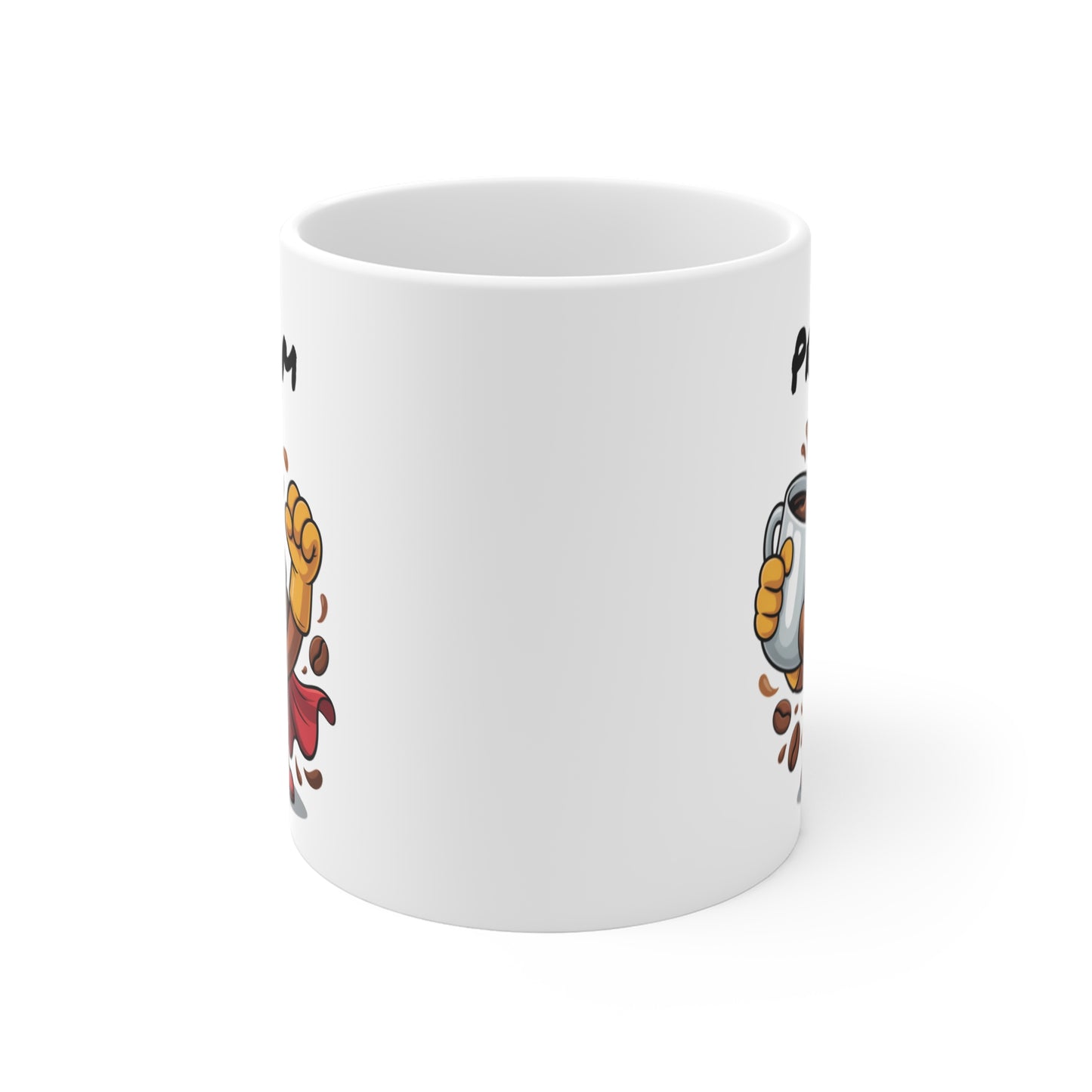 Mug Personnalisable Super Caca Café – Tasse Humoristique Héros Marron avec Cape Rouge – Cadeau Drôle