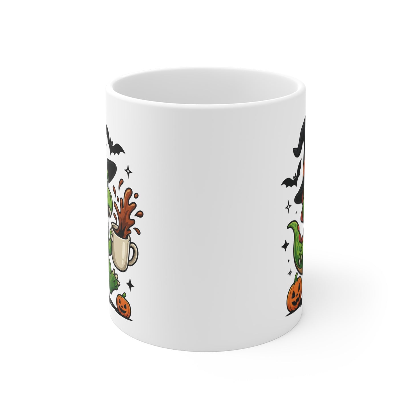 Mug Dinosaure Sorcier Café – Tasse Céramique 325ml – Illustration Drôle Halloween avec Citrouilles