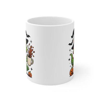 Mug Dinosaure Sorcier Café – Tasse Céramique 325ml – Illustration Drôle Halloween avec Citrouilles