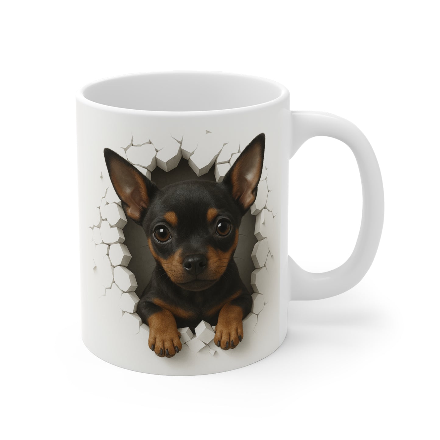 Mug Pinscher Nain Noir et Feu Effet Mur Cassé – Tasse Chien 3D Trompe-l’œil – Cadeau Original Amoureux du Pinscher