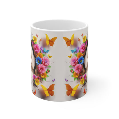 Tasse Céramique Bichon Frisé et Fleurs – Mug Chien Mignon Papillons – Cadeau Animaux Bohème 325ml