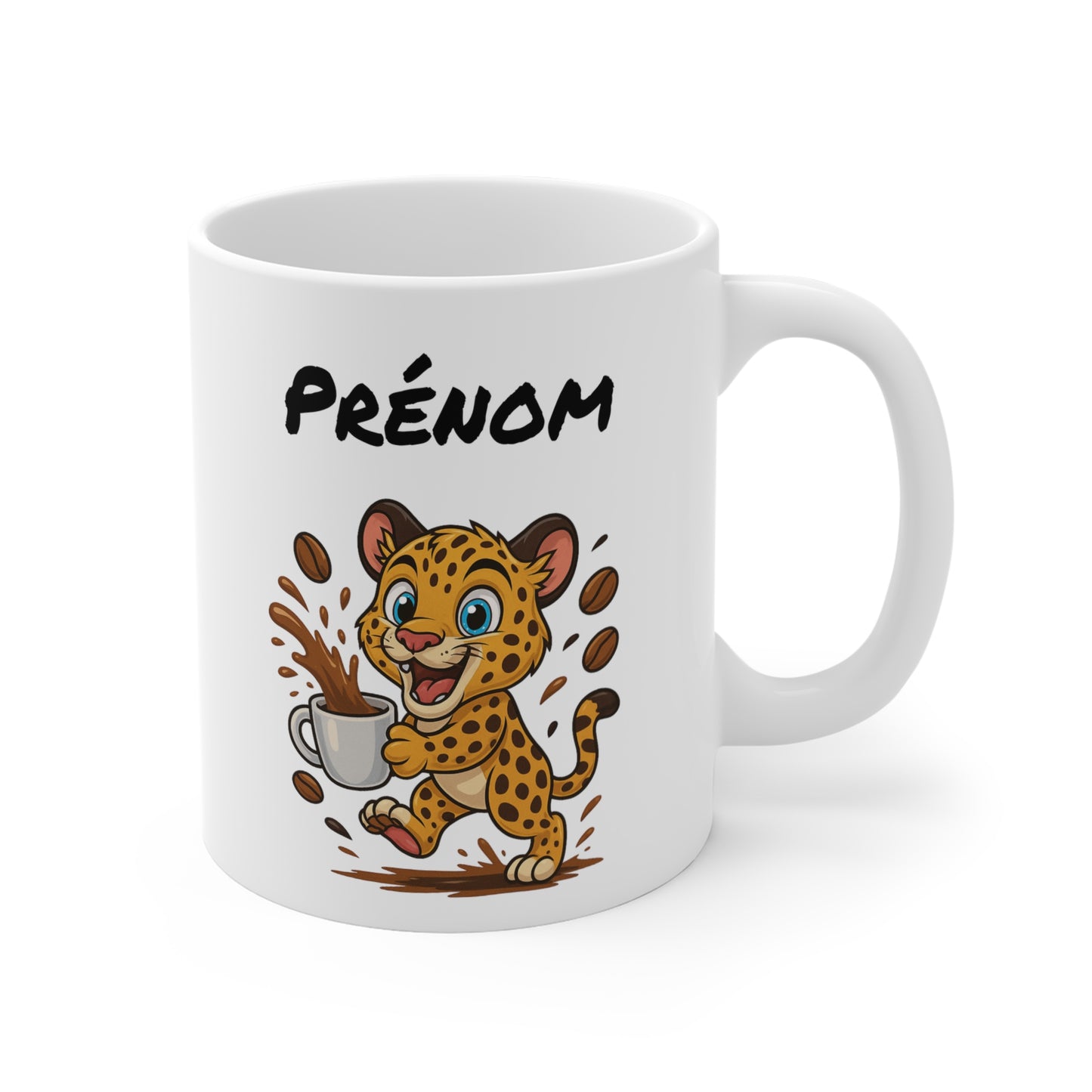 Tasse Personnalisable Léopard Café – Mug Prénom Cartoon – Cadeau Original Amateur de Café 325ml