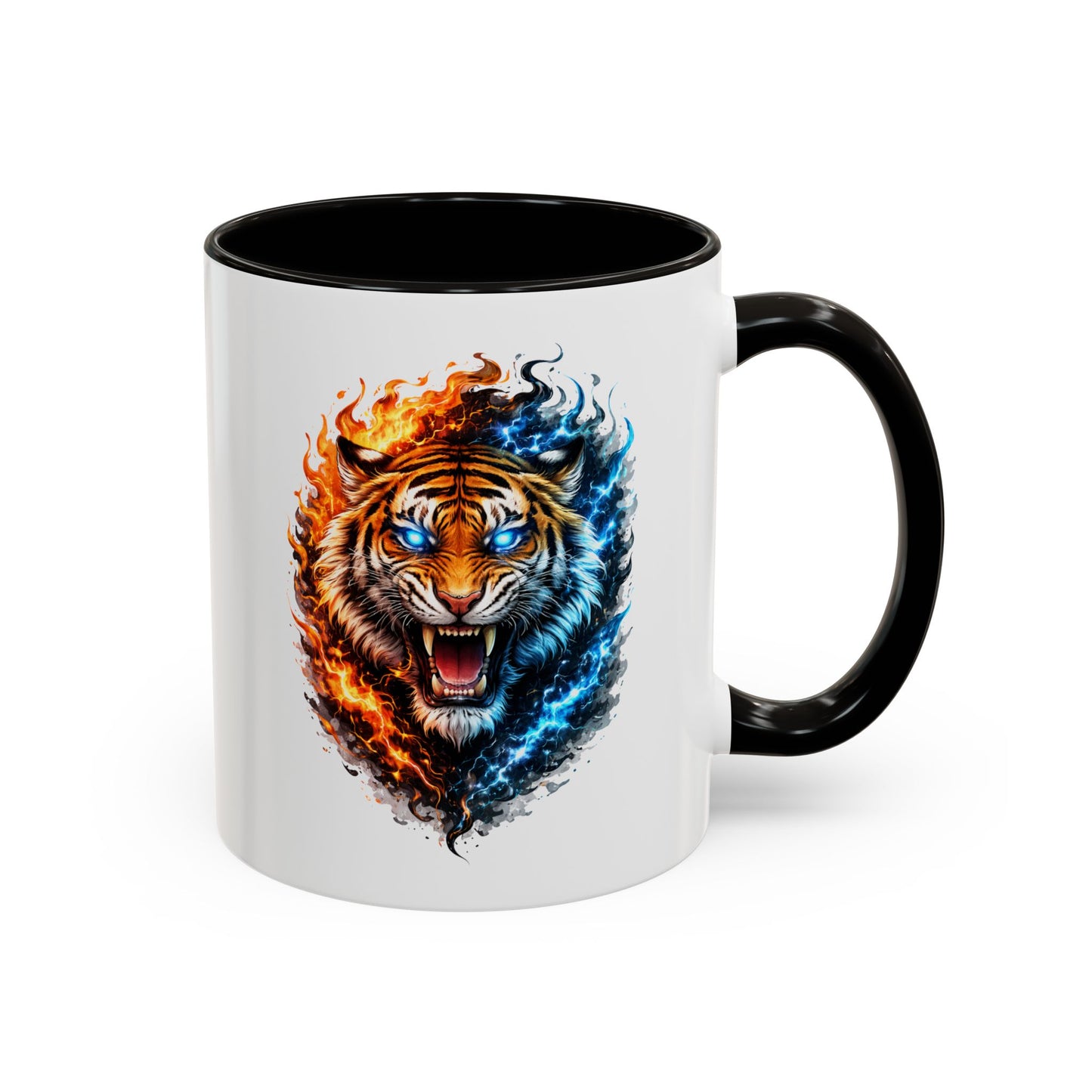 Tasse Tigre Feu Glace 325ml – Mug Céramique Design Animal Puissant Bleu Rouge Noir – Cadeau Original Fantaisie