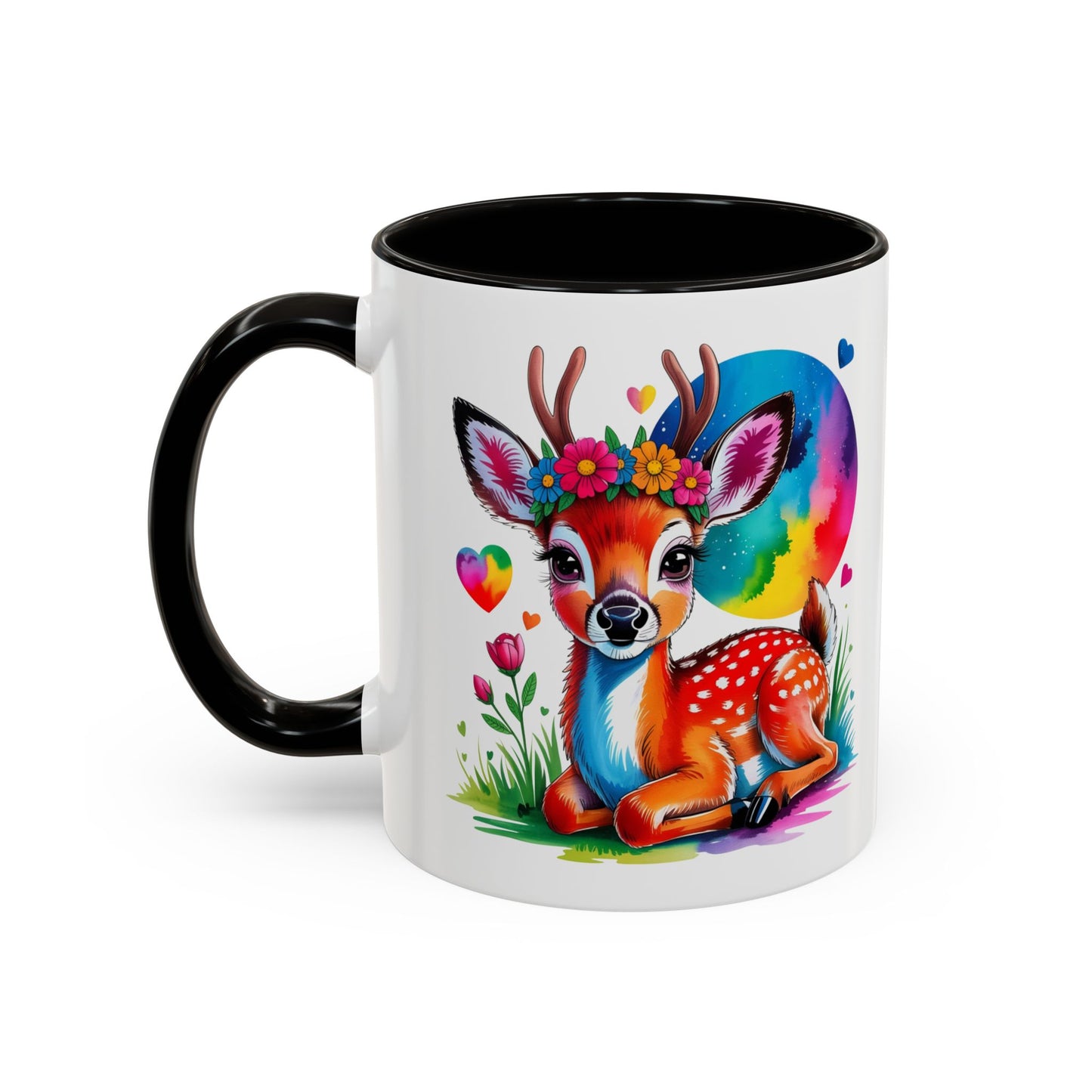 Mug Faon Mignon Coloré – Tasse Cerf Fleurs Arc-en-Ciel Kawaii – Cadeau Original Enfant Adulte – Céramique 325ml Noir Bleu Rouge