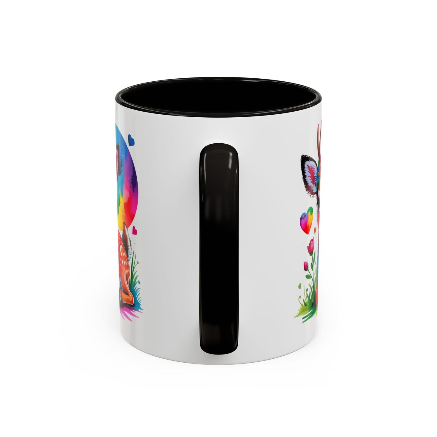 Mug Faon Mignon Coloré – Tasse Cerf Fleurs Arc-en-Ciel Kawaii – Cadeau Original Enfant Adulte – Céramique 325ml Noir Bleu Rouge